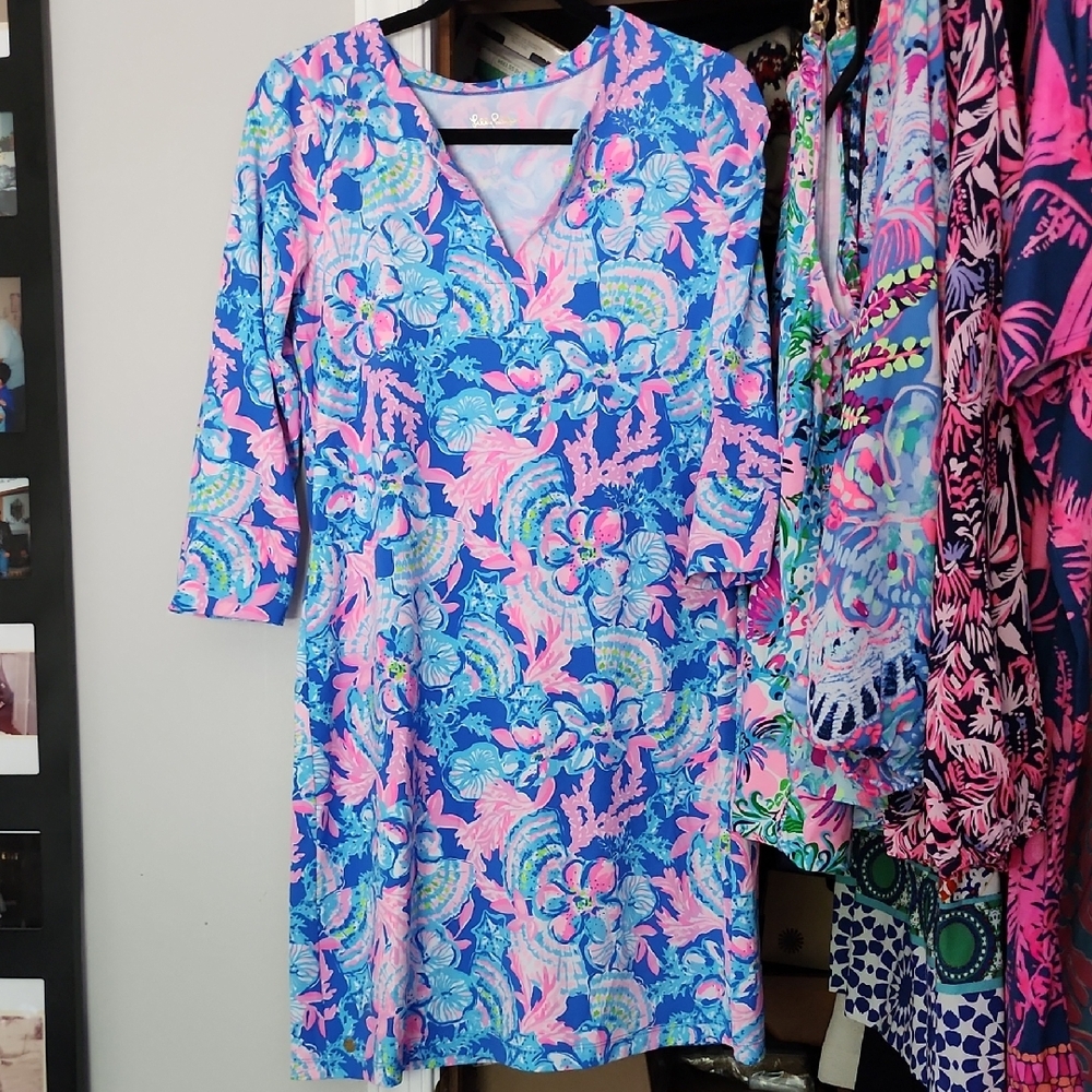 Lilly Pulitzer Blue and Pink Floral Chilly Lilly UPF 50 Dress